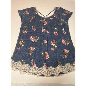 Rewind Women XL Floral Lace Trim Sleeveless Tank Top Blue Pink Flowers-Flaws